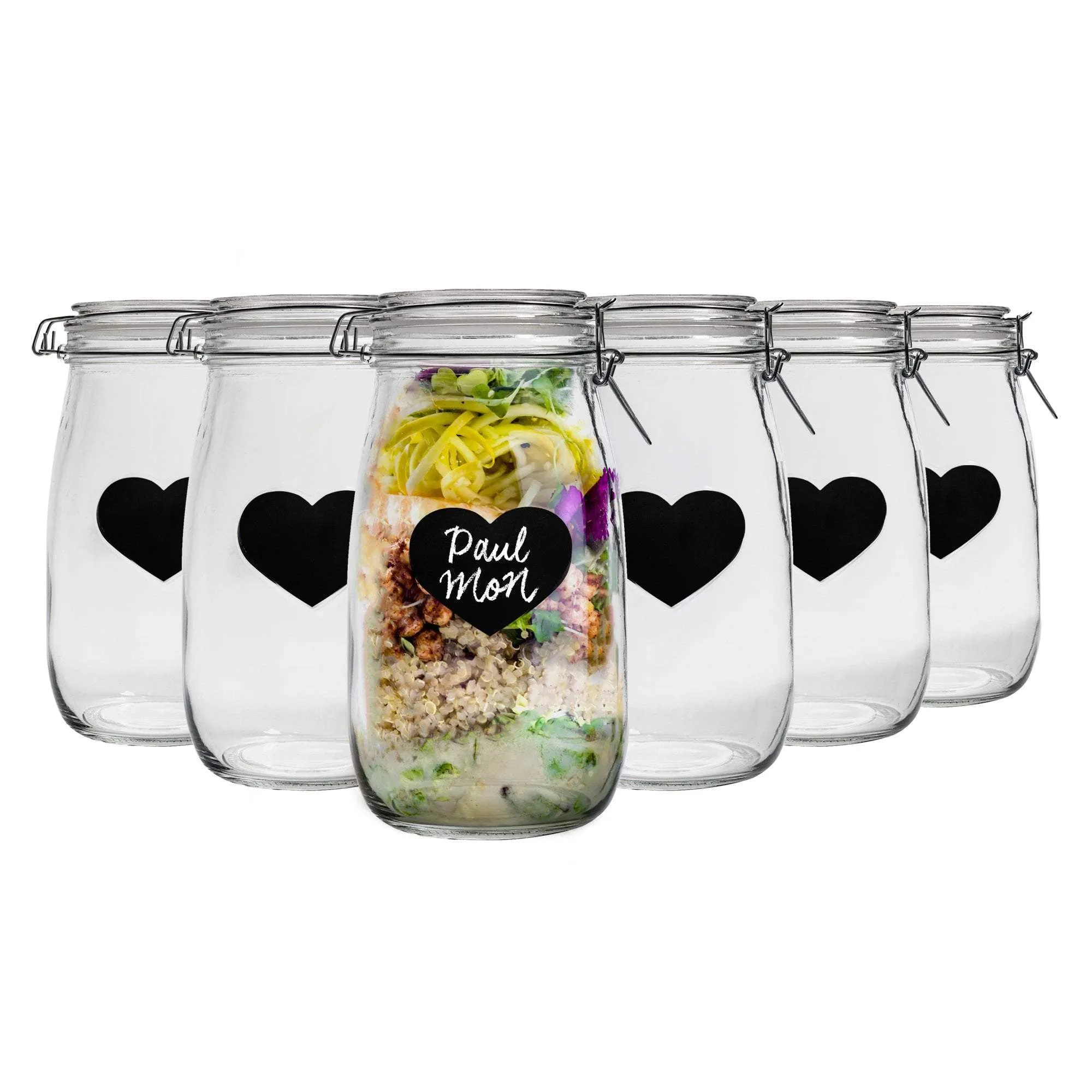 1.5L Glass Storage Jar with Embossed Heart Detail & Label - Pack of Six - By Nicola Spring