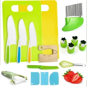 17Pcs Montessori Kitchen Tools Toddlers-Kids Cooking Sets Real-Toddler Safe Knives Set Kitchen Cookware Baking Toy Sets Educational Gift for 3-12 Years Old Toddlers Kids Boys Girls