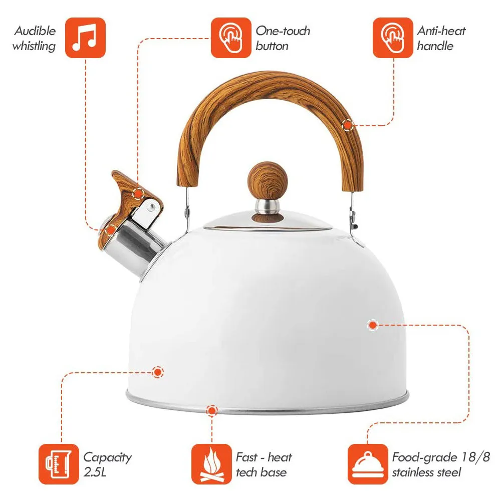 2.5 Liter Tea Whistling Kettle Stainless Steel Modern Whistling Tea Pot for Stovetop White