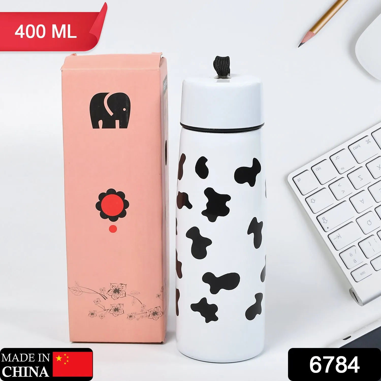 6784 Cow Print Stainless Steel Design Water Bottle Easy To Carry Bottle Leak-Proof Bottle For Office Bottle | Gym Bottle | Home | Kitchen | Hiking | Treking Bottle | Travel Bottle  ( 400ml )