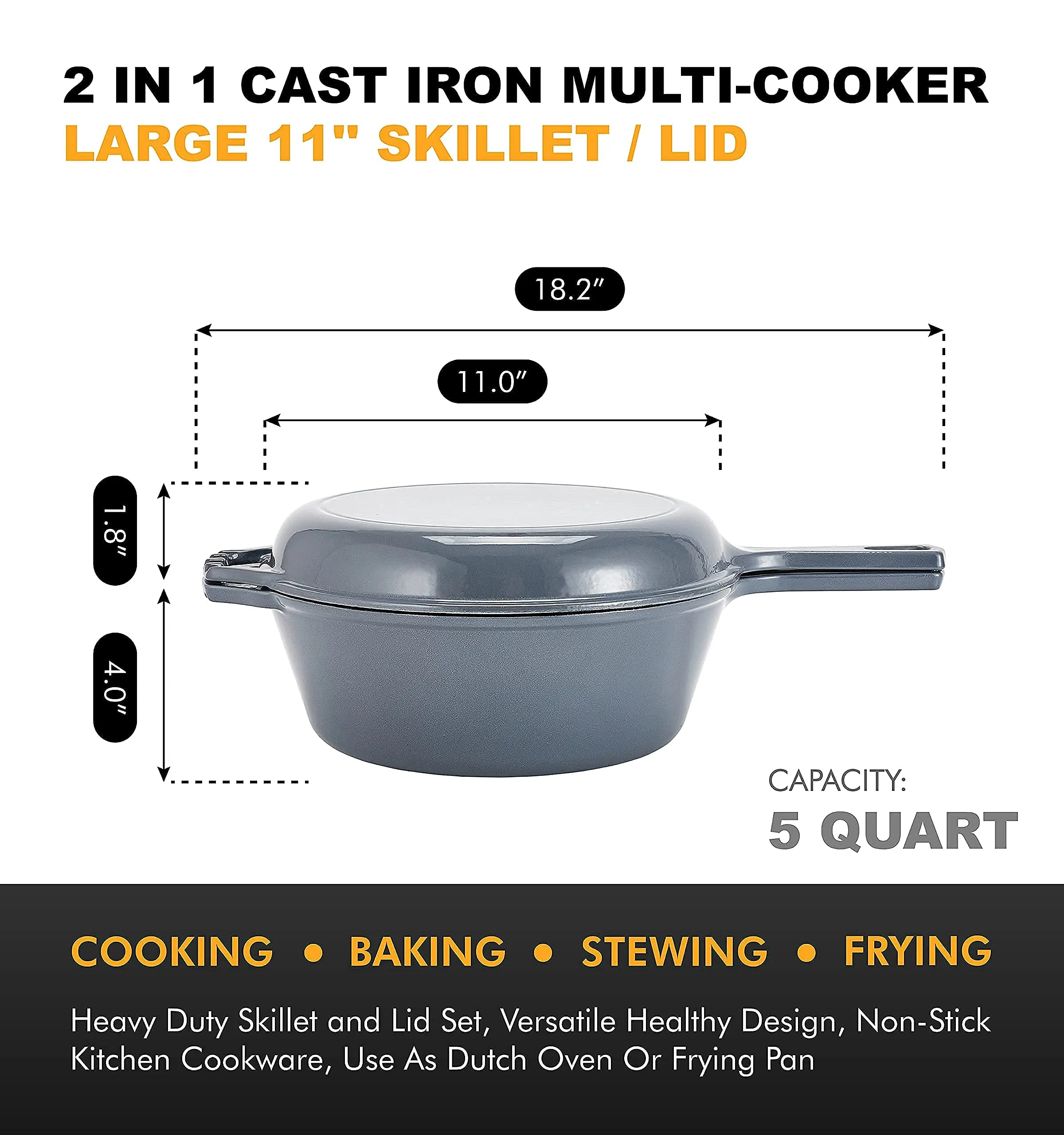 Enameled 2-In-1 Cast Iron Multi-Cooker  Heavy Duty Skillet and Lid Set, Versatile Non