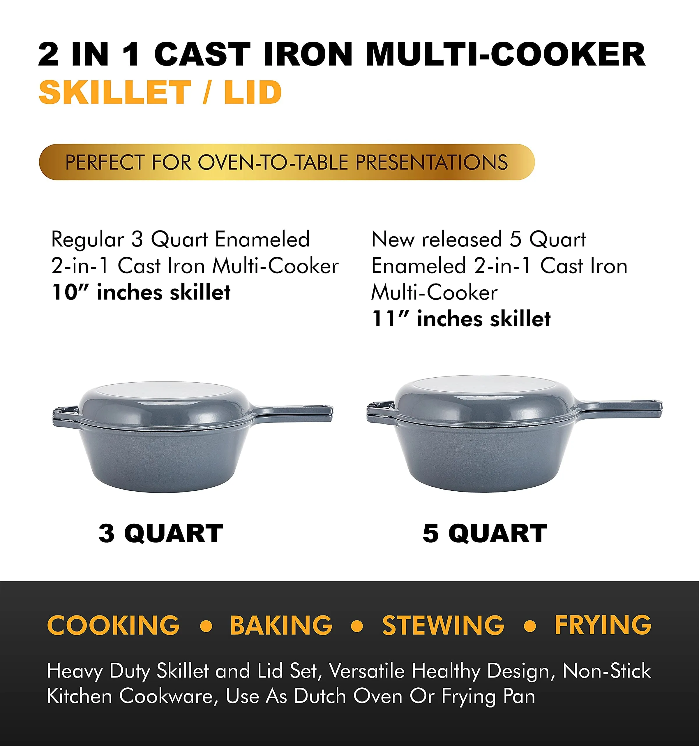 Enameled 2-In-1 Cast Iron Multi-Cooker  Heavy Duty Skillet and Lid Set, Versatile Non