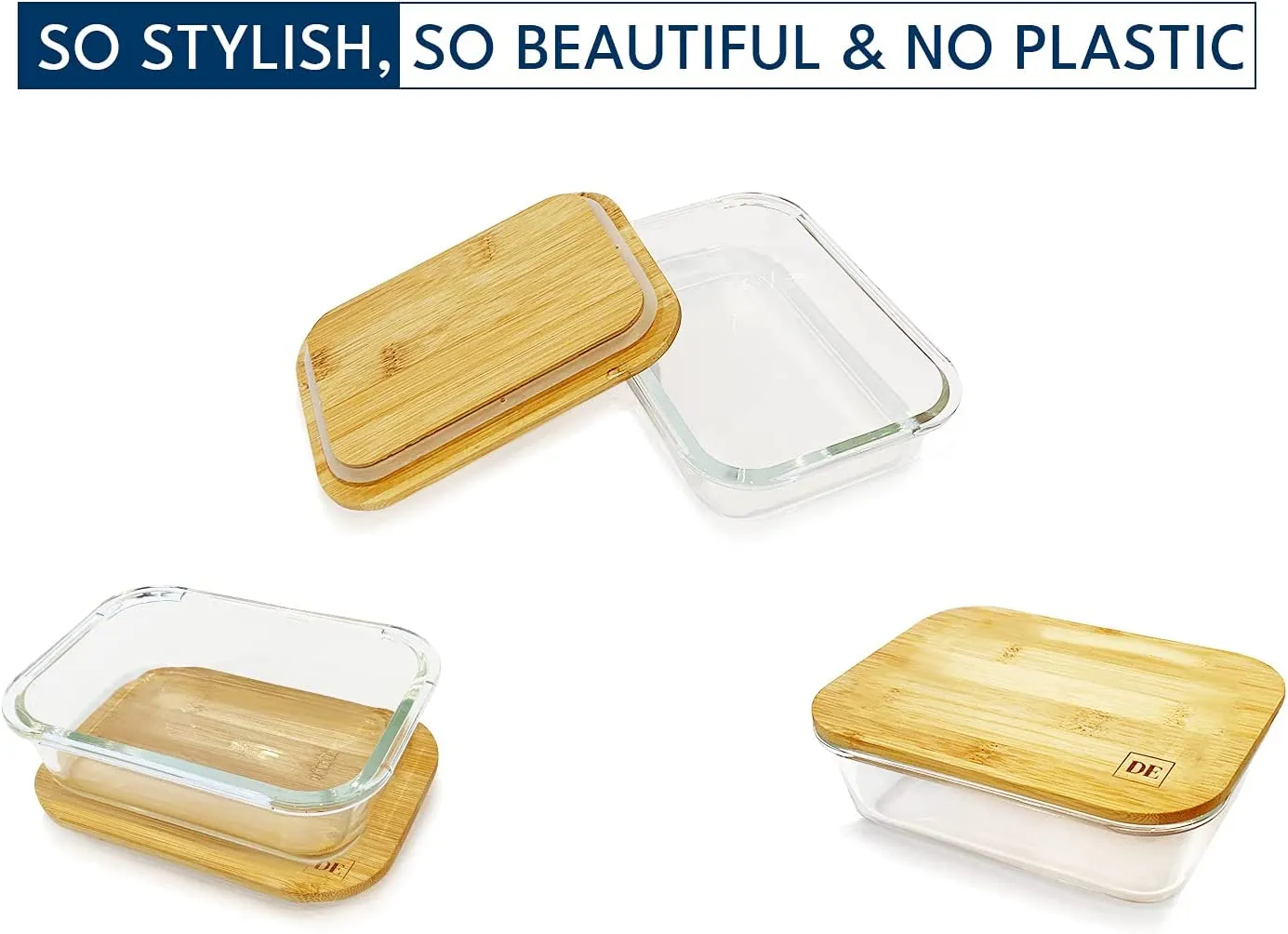 Glass Food Storage Containers with Eco-Friendly Bamboo Wooden Lids, Set of 4