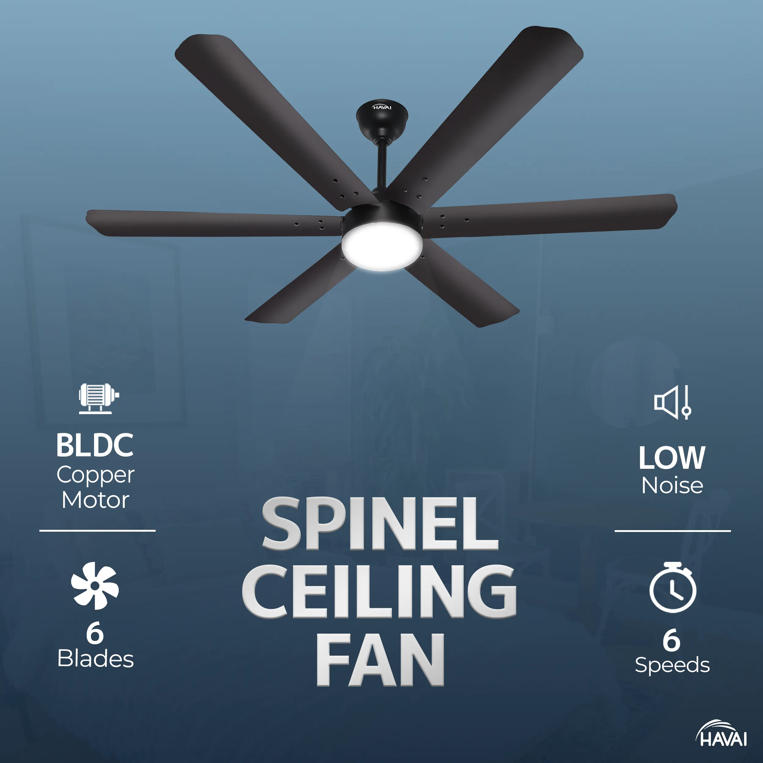 HAVAI Spinel BLDC Ceiling Fan 35W, 1200mm Blade with Remote - Smoky Brown,0.5W LED Light