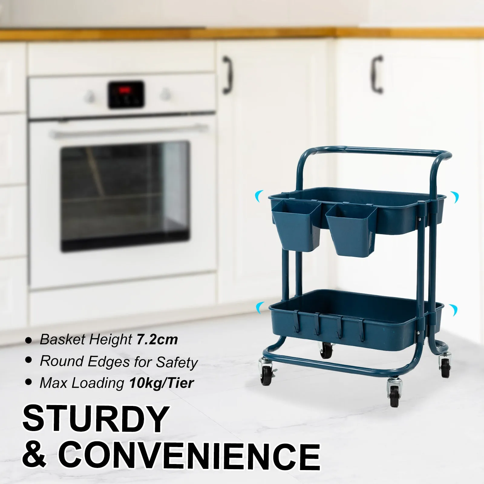 Kandoka 2 Tier Blue Trolley Cart Storage Utility Rack Organiser Swivel Kitchen