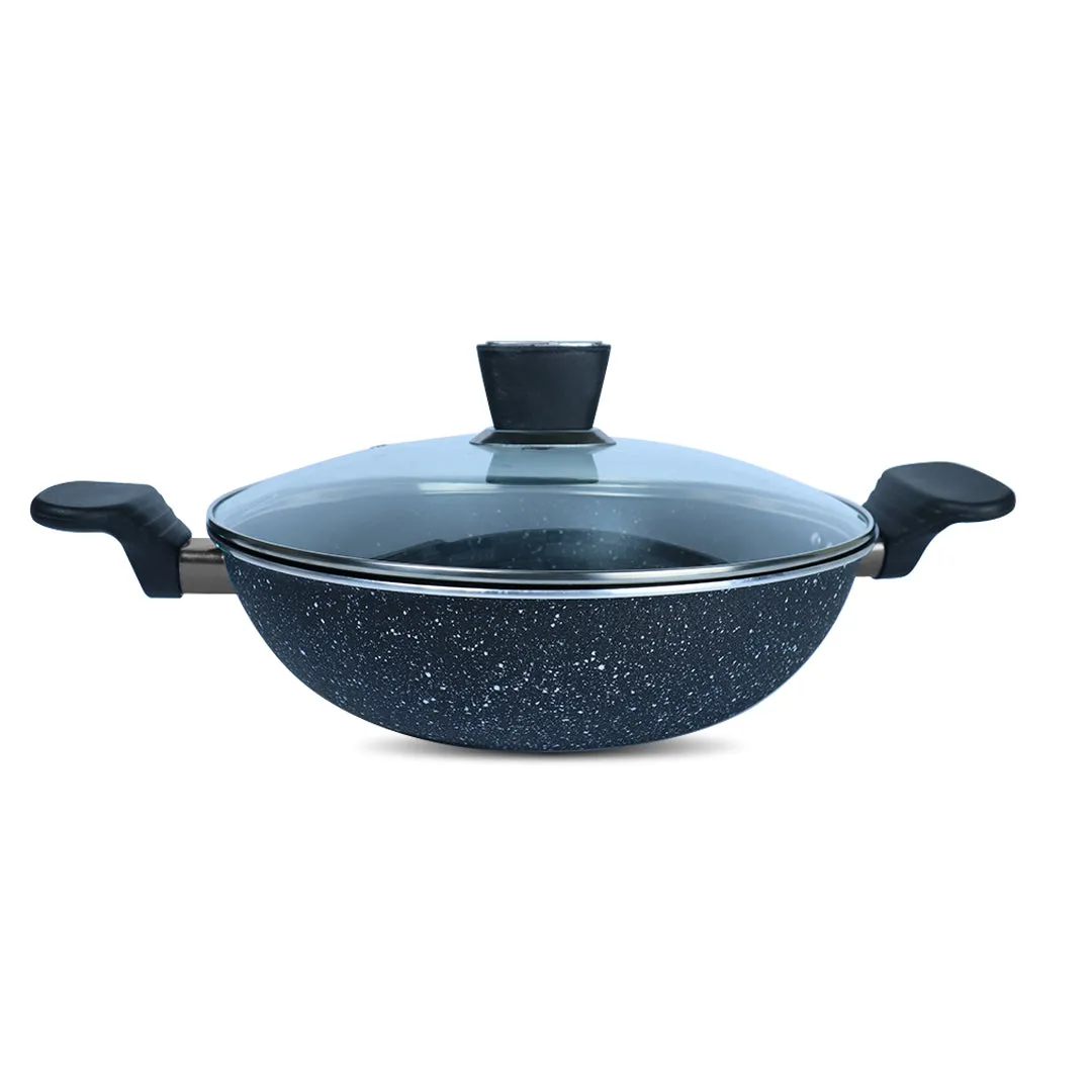 Marble Coated Wok (Karahi) with Glass Lid - Black