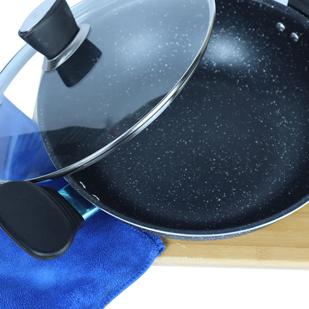 Marble Coated Wok (Karahi) with Glass Lid - Black