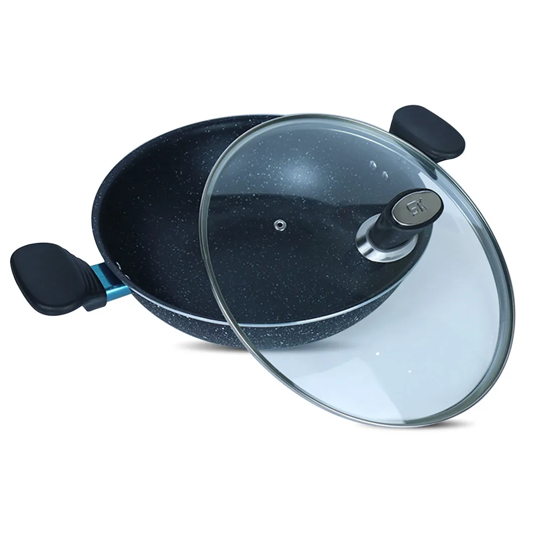 Marble Coated Wok (Karahi) with Glass Lid - Black